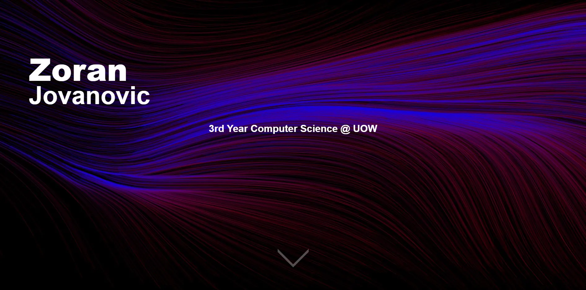 The previous version of my portfolio: my name over a purple and blue particle flow field drawn in JavaScript